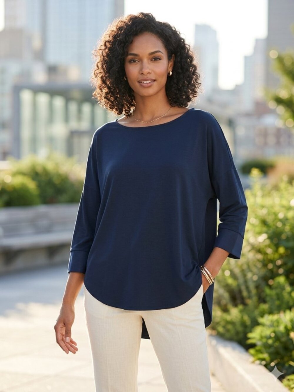 Natori Women's Lounge Top Navy Blue With Satin Detail